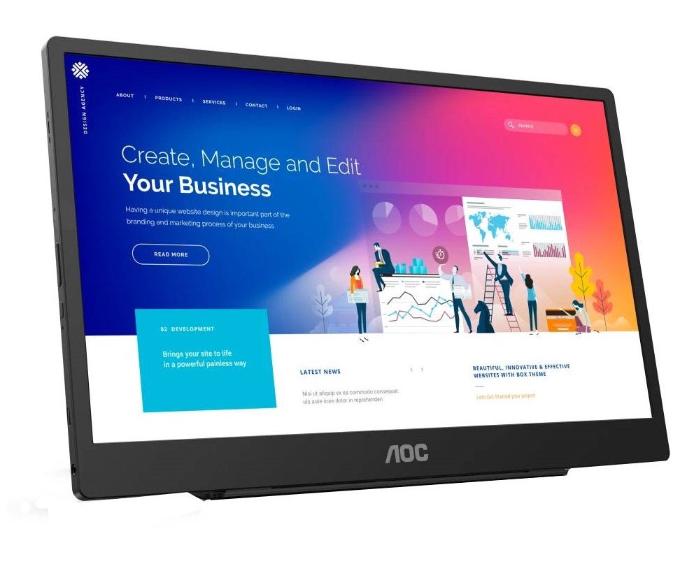 AOC 16T2 15.6" Full HD (1920 x 1080) Touch-enabled portable IPS monitor, USB-C and Micro HDMI inputs, Built-in battery, Stereo speakers, SmartCover, AutoPivot, VESA. For laptops, PC, Mac, consoles
