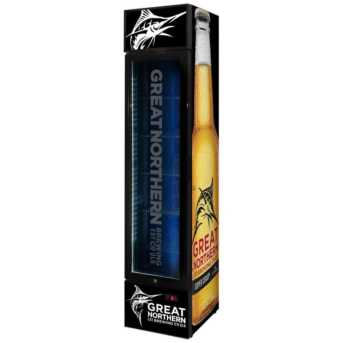 Schmick SS-P160-GNBC-CRISP 160L Great Northern Crisp Branded Skinny Upright Bar Fridge