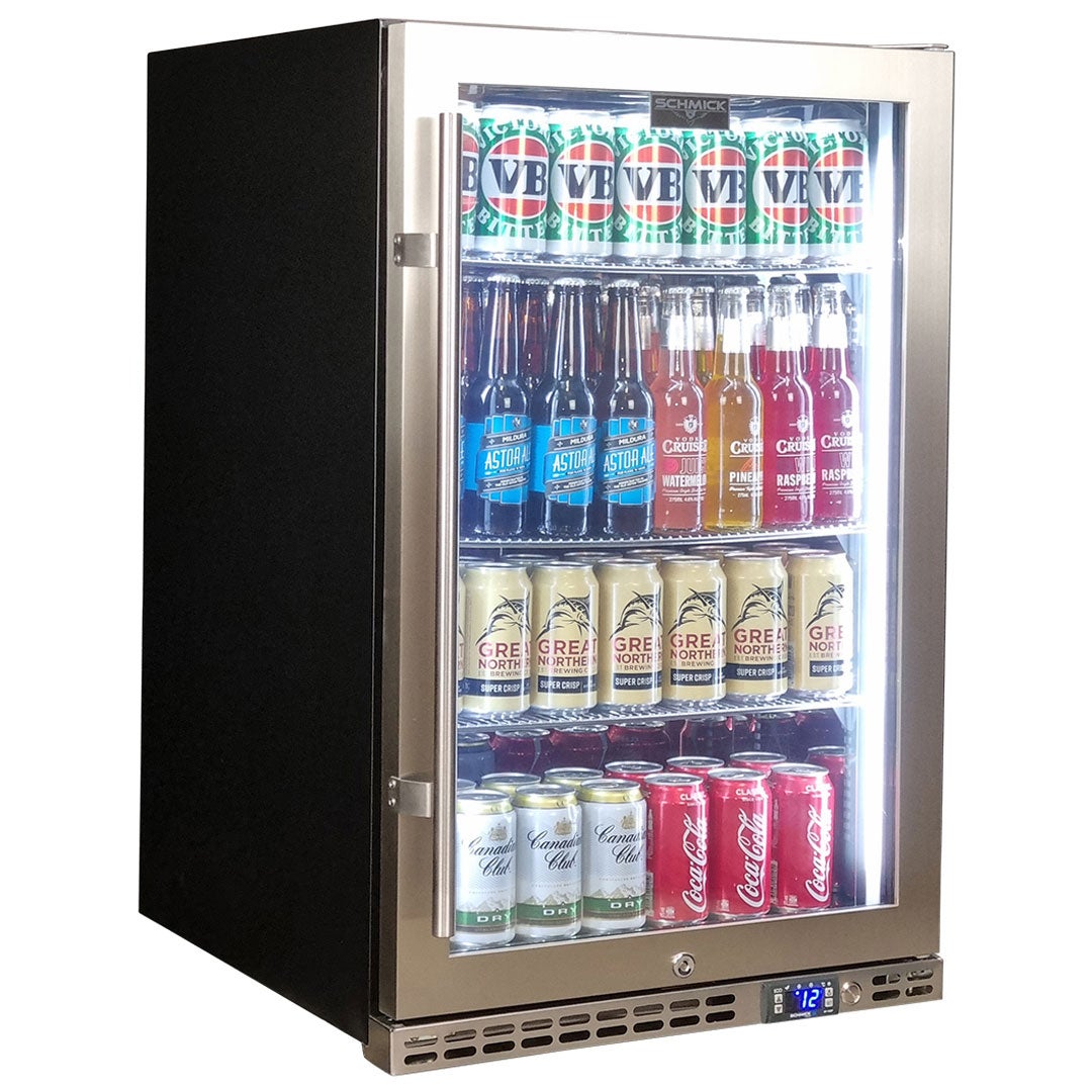 Schmick Stainless Steel Quiet Front Venting Under Bench Heated Glass Door Bar Fridge Model SK146R-HD