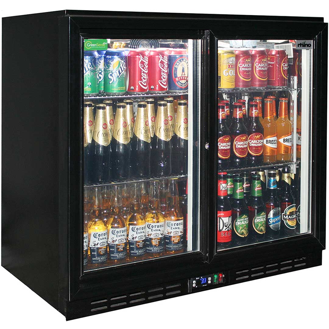 Rhino Black Glass Sliding Under Bench 2 Door Bar Fridge Energy Efficient LG Compressor