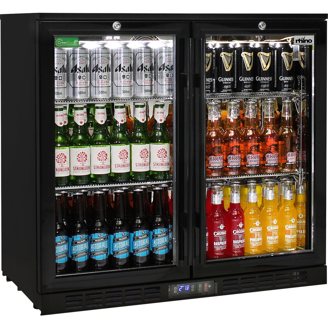 Commercial Under Bench Black Glass Double Door Bar Fridge Energy Efficient