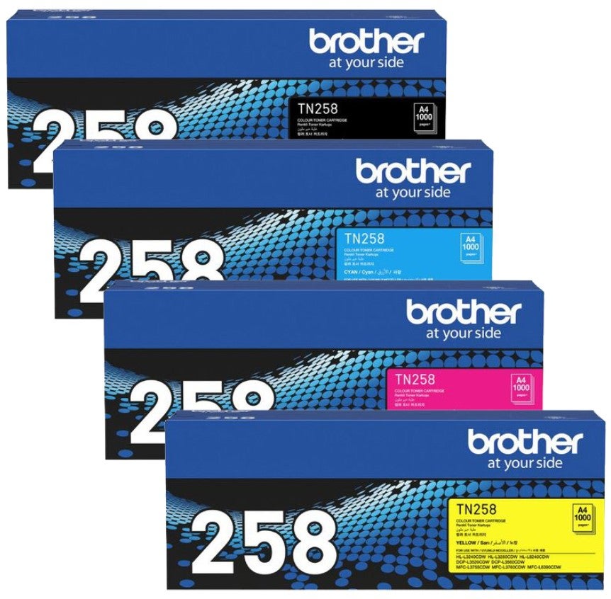 Brother TN-258 BK, C, M, Y Set of 4 Colour Laser Toners (TN-258BK TN-258C TN-258M TN-258Y) BROTHER MFC-L8390CDW,BROTHER MFC-L3760CDW,BROTHER MFC-L3755CDW,BROTHER DCP-L3560CDW,BROTHER DCP-L3520CDW,BROTHER HL-L8240CDW,BROTHER HL-L3280CDW,BROTHER HL-L3240CDW