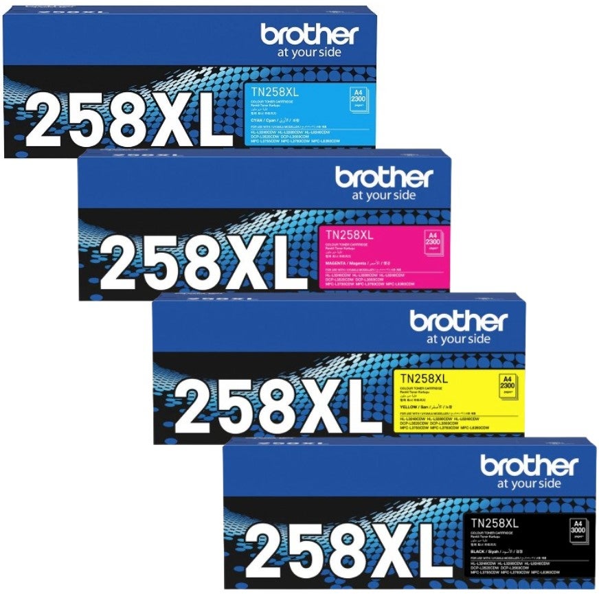 Brother TN-258XL BK, C, M, Y Set of 4 High Yield Colour Laser Toners (TN-258XLBK TN-258XLC TN-258XLM TN-258XLY) BROTHER MFC-L8390CDW,BROTHER MFC-L3760CDW,BROTHER MFC-L3755CDW,BROTHER DCP-L3560CDW,BROTHER DCP-L3520CDW,BROTHER HL-L8240CDW,BROTHER HL-L3280CDW,BROTHER HL-L3240CDW