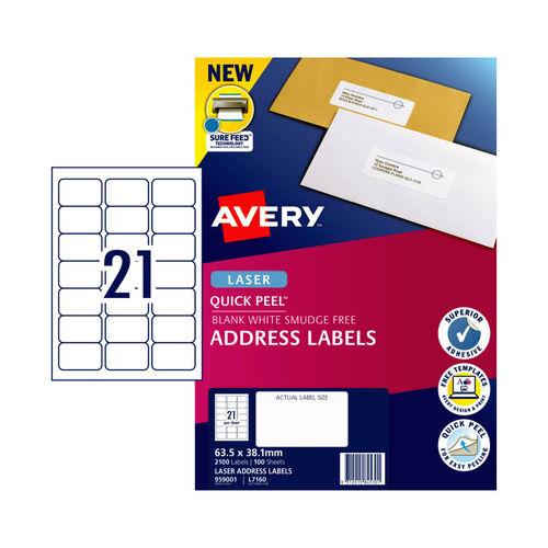 Avery Laser Label Address L7160 63.5x38.1mm - 21Up Pack 100 (959001)