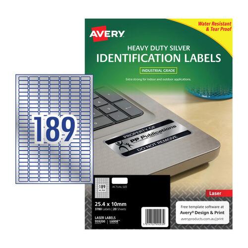 Avery Laser Label Heavy Duty Silver L6008 25.4x10mm - 189Up Pack 20 (959200)