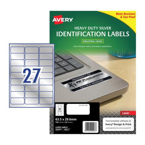 Avery Laser Label Heavy Duty Silver L6011 63.5x29.6mm - 27Up Pack 20 (959202)