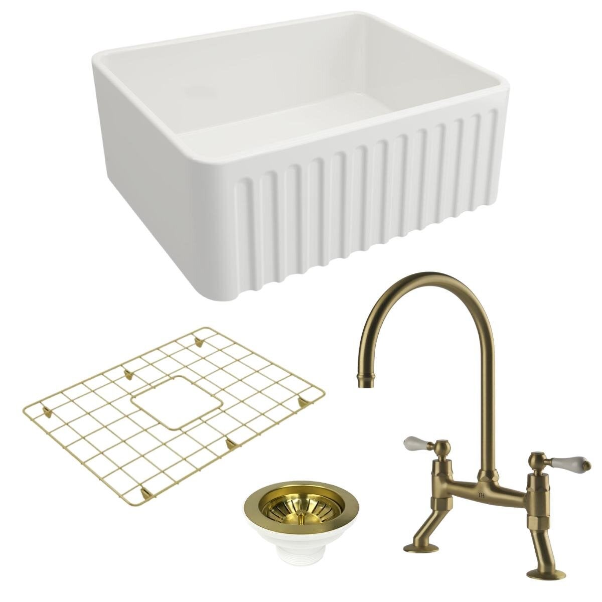 Turner Hastings Novi 60 Butler Sink Pack with Brushed Brass Ludlow Bridge Mixer Tap and Accessories PKG026