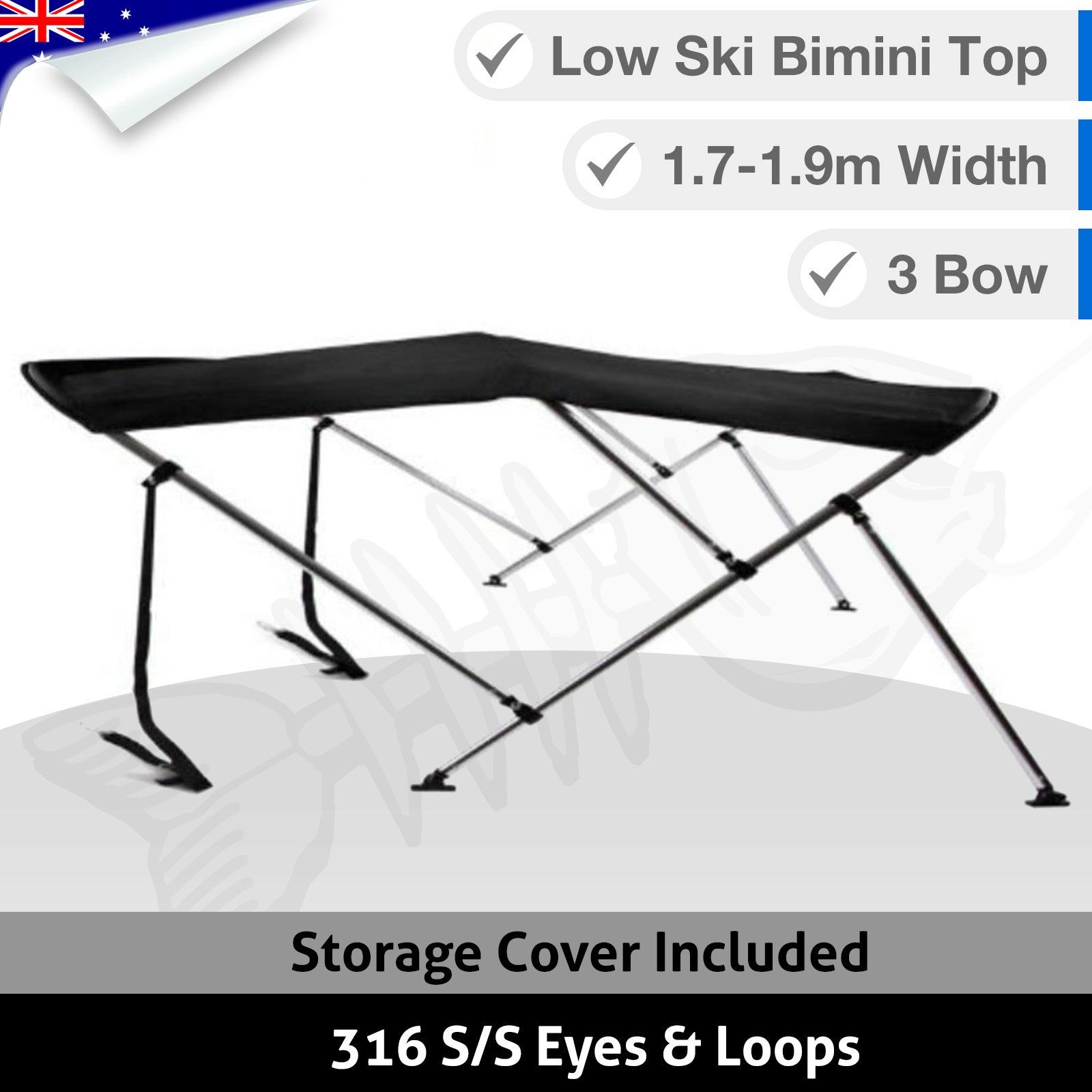 Low Ski Boat 3 BOW 1.7M-1.9M Bimini Top Boat Canopy Cover BLACK