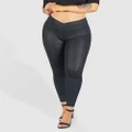 B Free Intimate Apparel - V Waist Faux Leather Booty Sculpting Leggings - Full Tights (Black) V-Waist Faux Leather Booty Sculpting Leggings