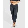 B Free Intimate Apparel - V Waist Faux Leather Booty Sculpting Leggings - Full Tights (Black) V-Waist Faux Leather Booty Sculpting Leggings