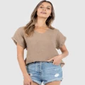 CAMIXA - Martina Linen V Neck T shirt - Short Sleeve T-Shirts (Brown) Martina Linen V-Neck T-shirt