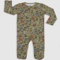 B Free Intimate Apparel - Baby Snap Button Sleepsuit with Booties 100% Organic Cotton Khaki Native Aussie Animals - Bodysuits (Khaki) Baby Snap Button Sleepsuit with Booties - 100% Organic Cotton - Khaki Native Aussie Animals