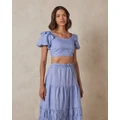 AERE - Frill Sleeve Linen Crop Top - Cropped tops (Airy Blue) Frill Sleeve Linen Crop Top