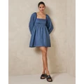 AERE - Long Sleeve Puff Ball Linen Mini Dress - Dresses (Soft Chambray) Long Sleeve Puff Ball Linen Mini Dress