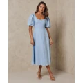 AERE - Linen Puff Sleeve Classic Midi Dress - Dresses (Baby Blue) Linen Puff Sleeve Classic Midi Dress
