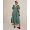 AERE - Premium Linen Wrap Dress - Dresses (Bottle Green) Premium Linen Wrap Dress