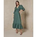 AERE - Linen Gathered Waist Midi Dress - Dresses (Bottle Green) Linen Gathered Waist Midi Dress