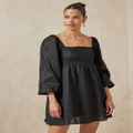 AERE - Long Sleeve Puff Ball Linen Mini Dress - Dresses (Black) Long Sleeve Puff Ball Linen Mini Dress