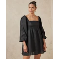 AERE - Long Sleeve Puff Ball Linen Mini Dress - Dresses (Black) Long Sleeve Puff Ball Linen Mini Dress