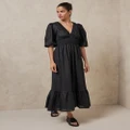 AERE - Linen Gathered Waist Midi Dress - Dresses (Black) Linen Gathered Waist Midi Dress
