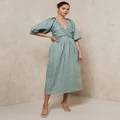 AERE - Linen Ruched Bodice Midi Dress - Dresses (Sage) Linen Ruched Bodice Midi Dress