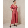 AERE - Linen Shirred Waist Midi Dress - Dresses (Rust) Linen Shirred Waist Midi Dress