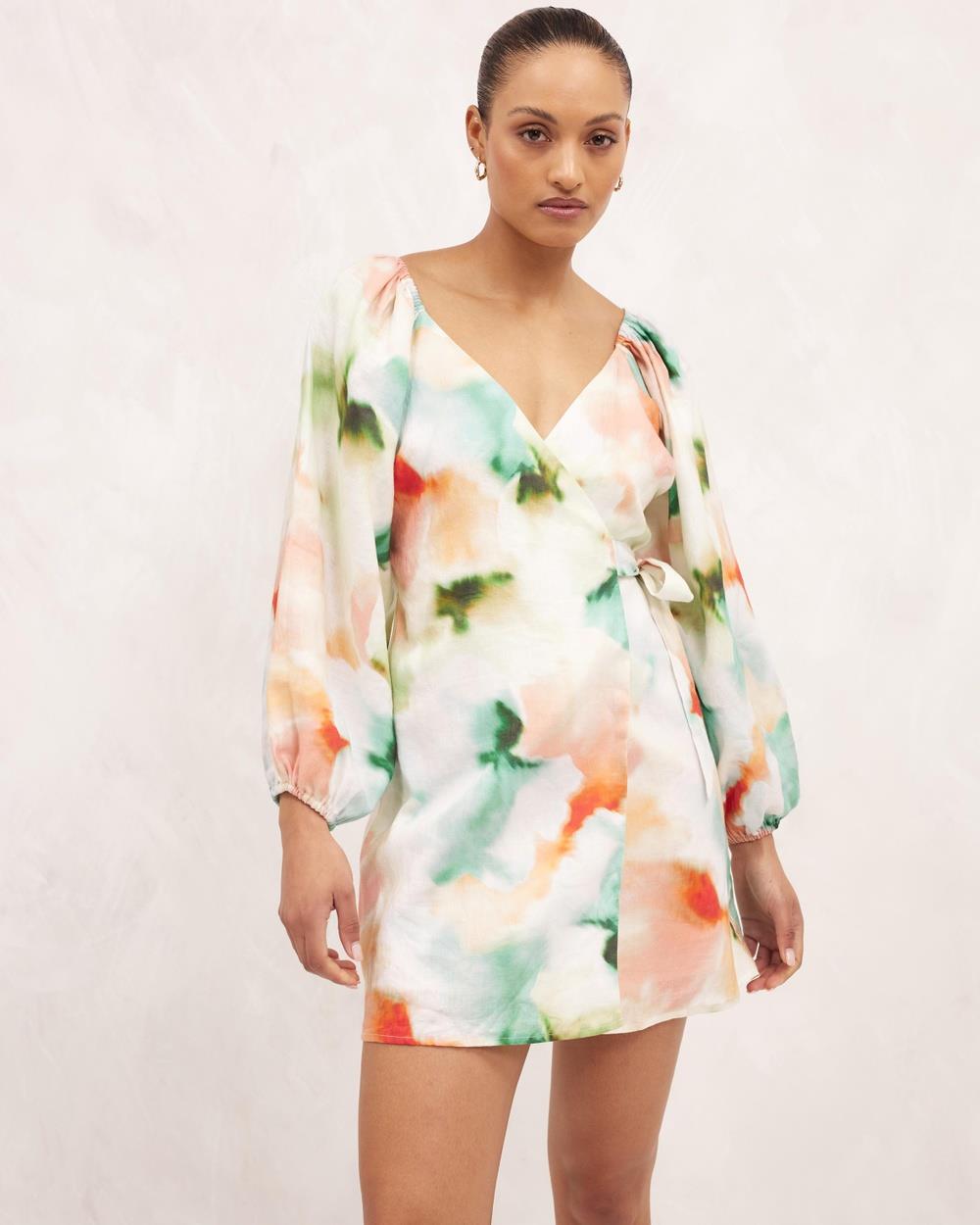 AERE - Long Sleeve Mini Wrap Dress - Printed Dresses (Multi) Long Sleeve Mini Wrap Dress