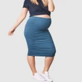 Angel Maternity - "The Ruched" Maternity Midi Skirt in Breezy Blue - Skirts (Black) "The Ruched" Maternity Midi Skirt in Breezy Blue