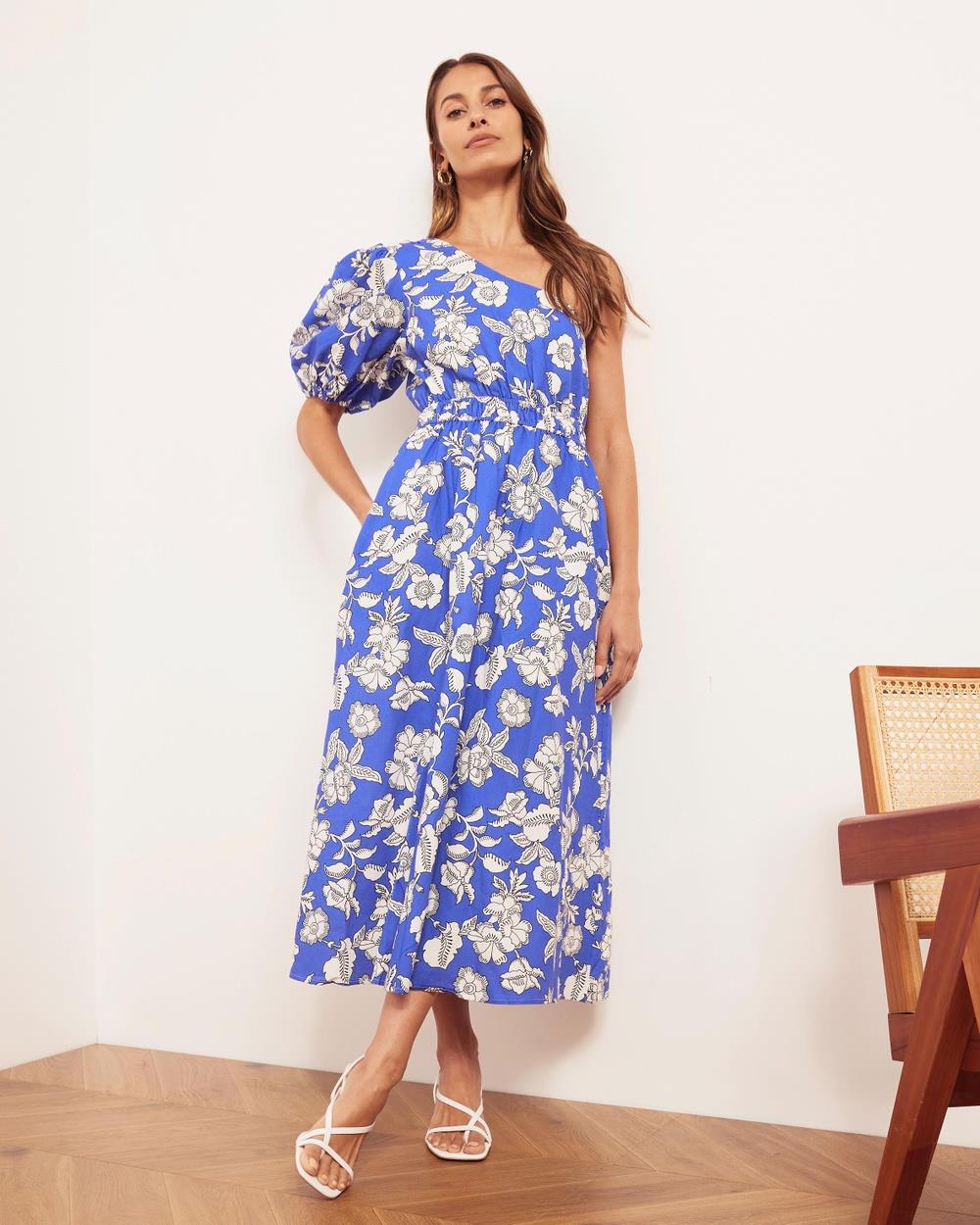 Atmos&Here - Jasmine Linen Blend One Shoulder Midi Dress - Dresses (Bluebell) Jasmine Linen Blend One Shoulder Midi Dress