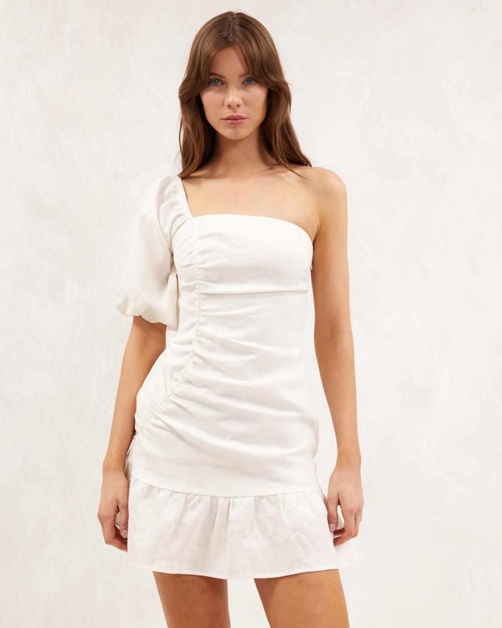 AERE - Linen One Shoulder Ruffle Hem Dress - Dresses (White) Linen One Shoulder Ruffle Hem Dress