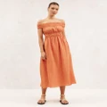 AERE - Linen Off The Shoulder Gathered Midi Dress - Dresses (Papaya) Linen Off The Shoulder Gathered Midi Dress