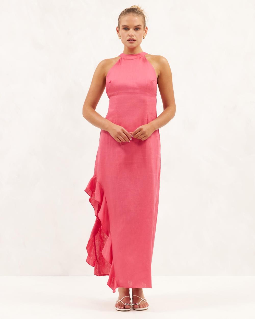 AERE - Linen High Neck Maxi Dress - Dresses (Medium Pink) Linen High Neck Maxi Dress