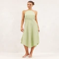 AERE - Premium Linen Blend Asymmetrical Hem Midi Dress - Dresses (Foam Green) Premium Linen Blend Asymmetrical Hem Midi Dress