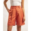 AERE - Linen Blend Tailored Shorts - High-Waisted (Rust) Linen Blend Tailored Shorts