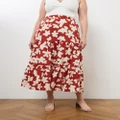 Atmos&Here Curvy - Marietta Tiered Linen Blend Midi Skirt - Skirts (Rust Floral) Marietta Tiered Linen Blend Midi Skirt