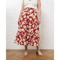 Atmos&Here Curvy - Marietta Tiered Linen Blend Midi Skirt - Skirts (Rust Floral) Marietta Tiered Linen Blend Midi Skirt