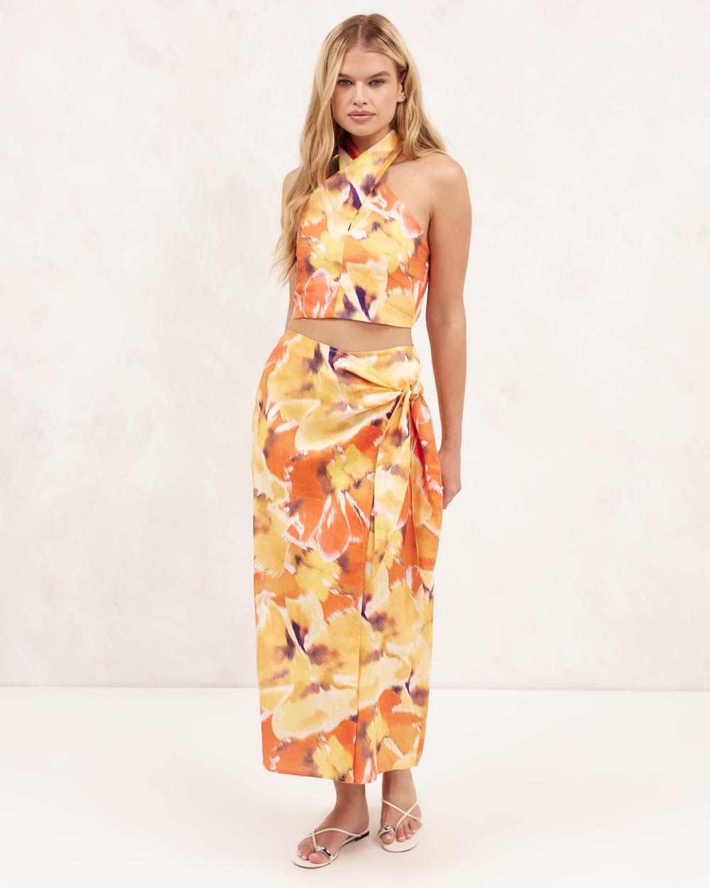 AERE - Linen Wrap Midi Skirt - Skirts (Maia Blurred Floral Print) Linen Wrap Midi Skirt