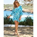Sosandar - Palm Print Tie Waist Beach Dress - Printed Dresses (Blue) Palm Print Tie Waist Beach Dress