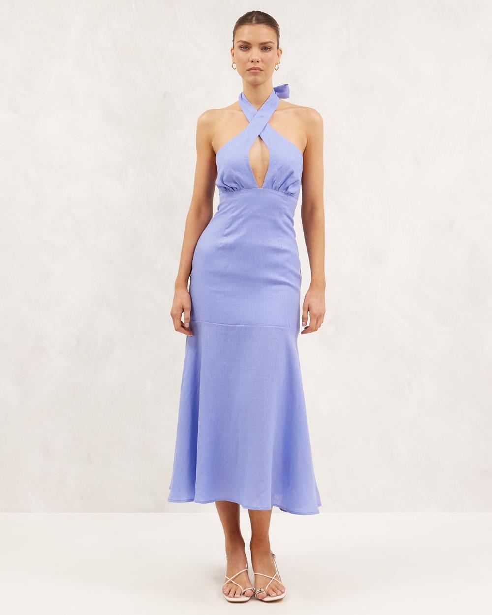 AERE - Linen Cross Front Halter Dress - Dresses (Blue Iris) Linen Cross Front Halter Dress