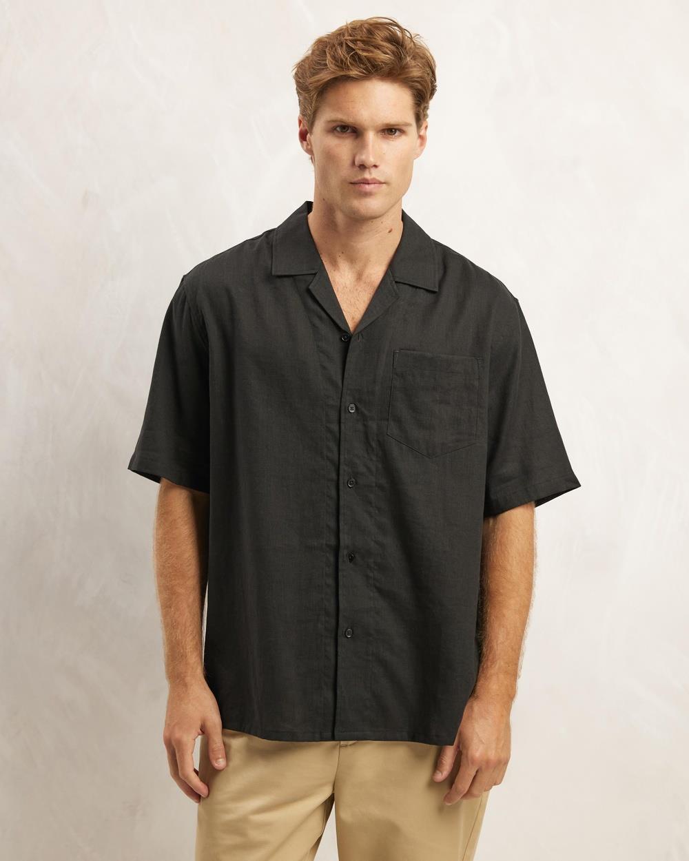 AERE - Linen Blend Camp Collar Shirt - Shirts & Polos (Black) Linen Blend Camp Collar Shirt