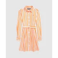 Polo Ralph Lauren - Belted Striped Cotton Poplin Shirtdress Teens - Dresses (Orange & White) Belted Striped Cotton Poplin Shirtdress - Teens