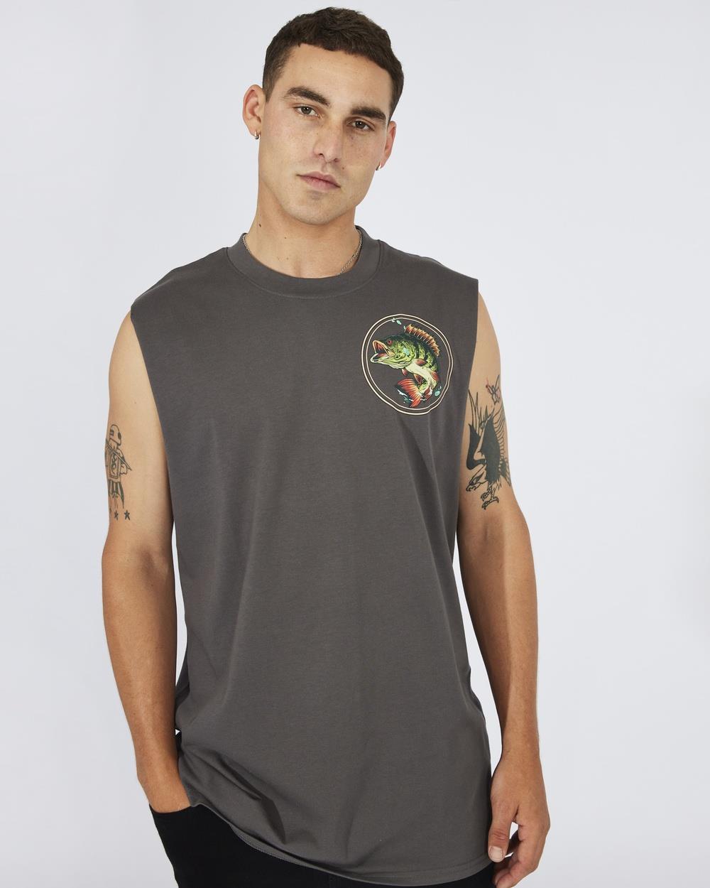 AM Supply - Grey Graphic Singlet Fishing Slogan Tank Top - Short Sleeve T-Shirts (Grey) Grey Graphic Singlet Fishing Slogan Tank Top
