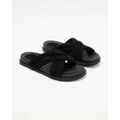 AERE - Leather Suede Crossover Strap Slides - Flats (Black Suede) Leather Suede Crossover Strap Slides
