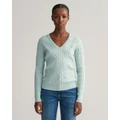 Gant - Stretch Cotton Cable Knit V Neck Sweater - Jumpers & Cardigans (DUSTY TURQUOISE) Stretch Cotton Cable Knit V-Neck Sweater