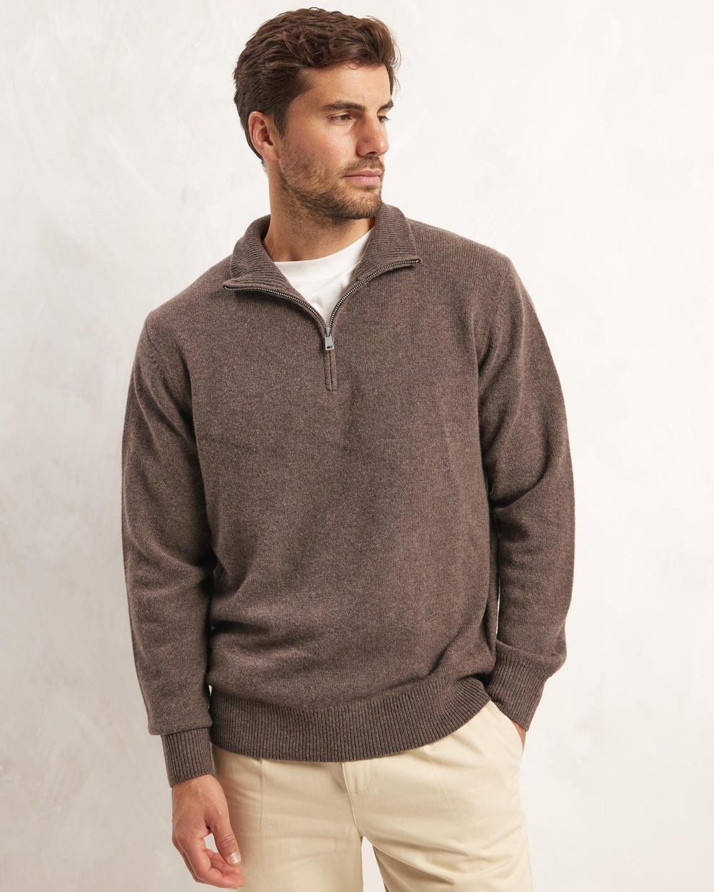 AERE - Premium Wool Half Zip Sweater - Sweats (Charcoal Brown) Premium Wool Half-Zip Sweater
