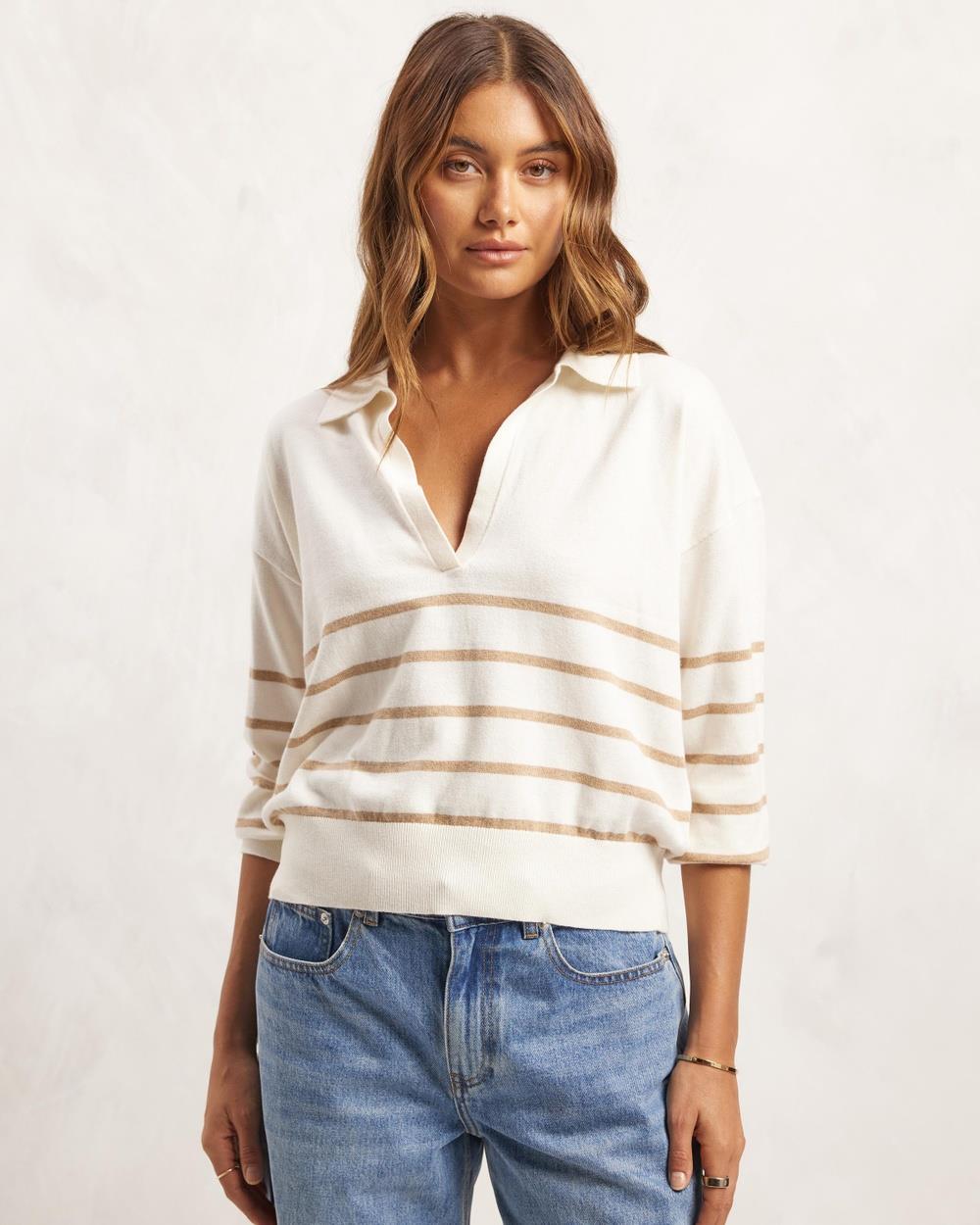 AERE - Cashmere Blend Relaxed Open Collar Knit Jumper - Jumpers & Cardigans (Neutrals Stripe) Cashmere Blend Relaxed Open Collar Knit Jumper
