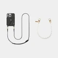 LOUVE COLLECTION - Leather Phone Case Wallet & Strap + Pearl Wristlet - Novelty Gifts (Black/Black) Leather Phone Case Wallet & Strap + Pearl Wristlet