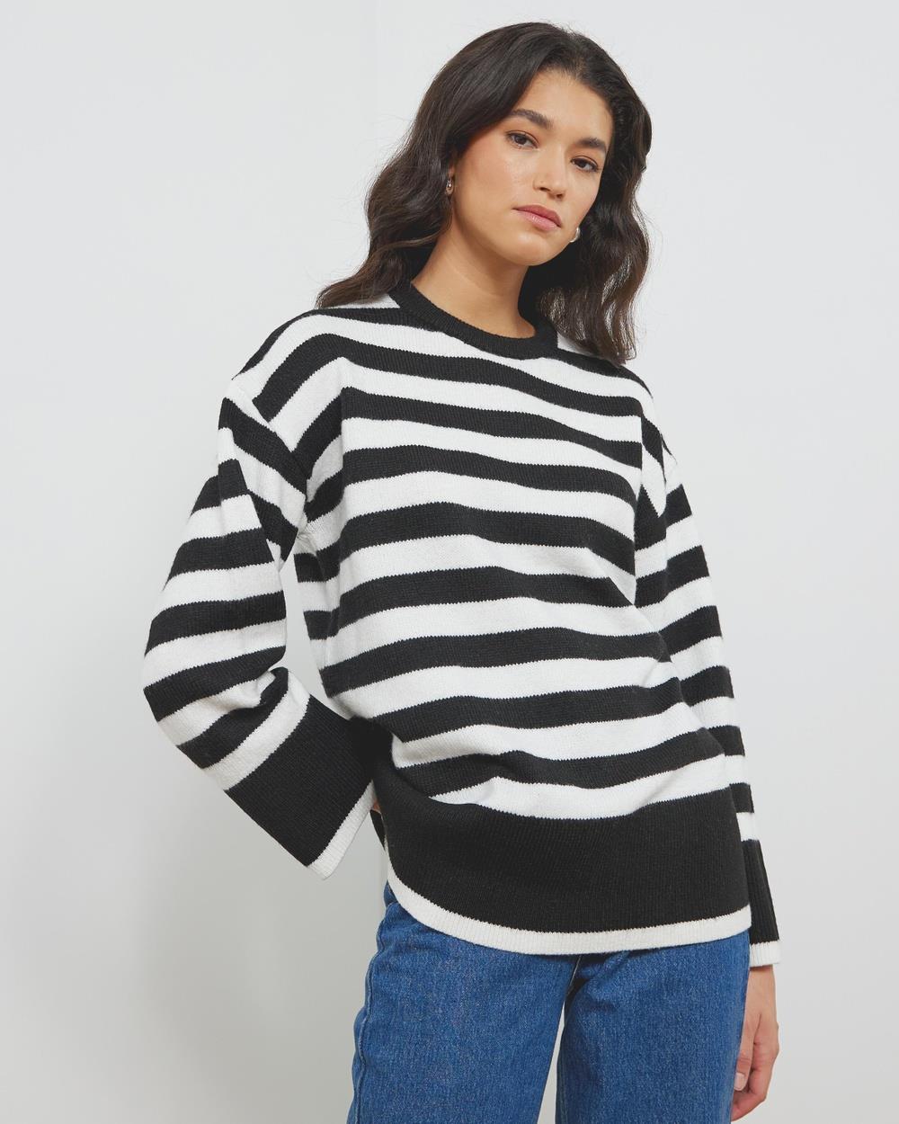 Atmos&Here - Madaline Long Line Stripe Knit Jumper - Jumpers & Cardigans (Black With Cream Stripe) Madaline Long Line Stripe Knit Jumper