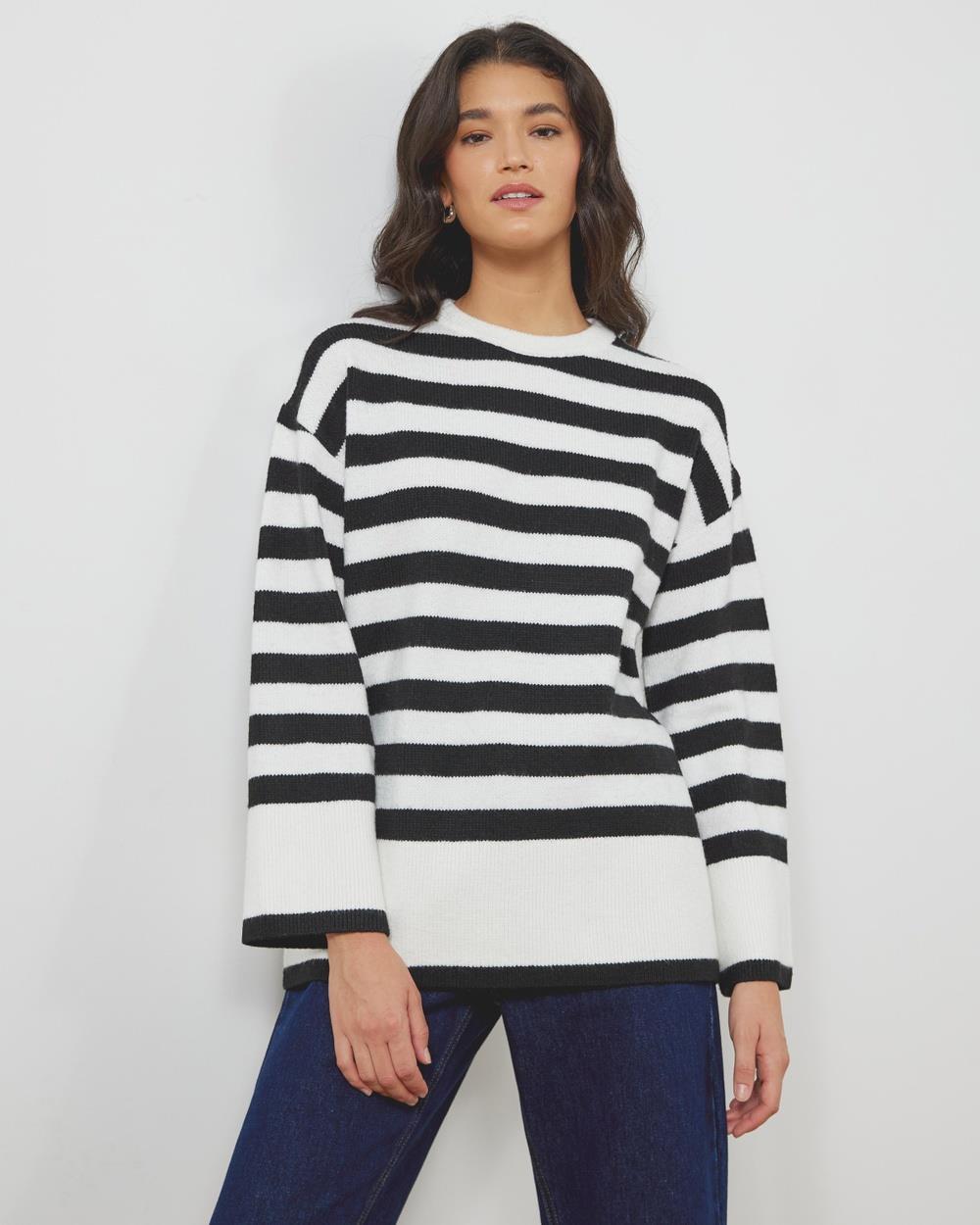 Atmos&Here - Madaline Long Line Stripe Knit Jumper - Jumpers & Cardigans (Cream With Black Stripes) Madaline Long Line Stripe Knit Jumper