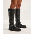 AERE - Chunky Buckle Knee High Leather Boots - Knee-High Boots (Black) Chunky Buckle Knee High Leather Boots